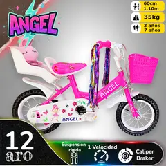GENERICO - Bicicleta Aro 12 Infantil Rosado Angel con Peluchero