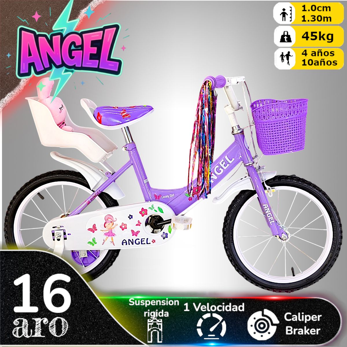 GENERICO - Bicicleta Aro 16 Infantil  Lila Angel con Peluchero