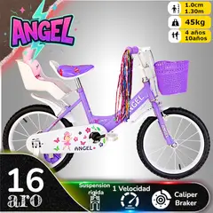 GENERICO - Bicicleta Aro 16 Infantil Lila Angel con Peluchero