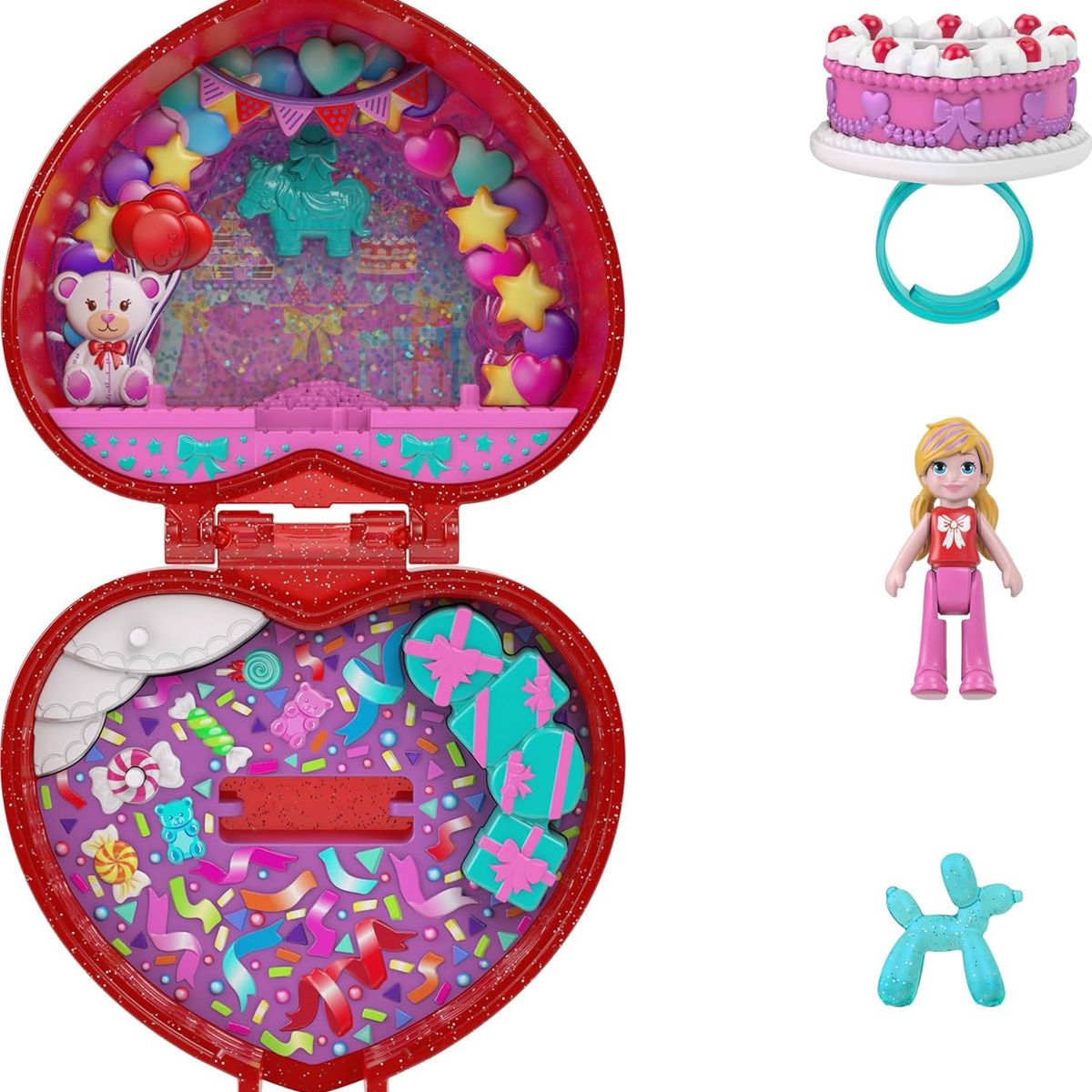 POLLY POCKET - Juego de Caja de Regalo de 80 Aniversario con muñeca de Juguete y Anillo con diseño de Globo