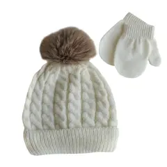 PUMUCKI - Set de Gorro y Mitones Bebé Blanco con Pompón