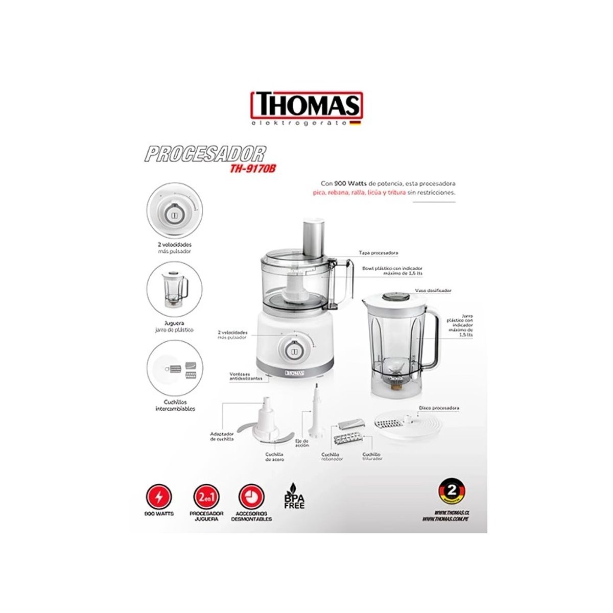 THOMAS - Licuadora y Procesadora de Alimentos TH-9170B Thomas