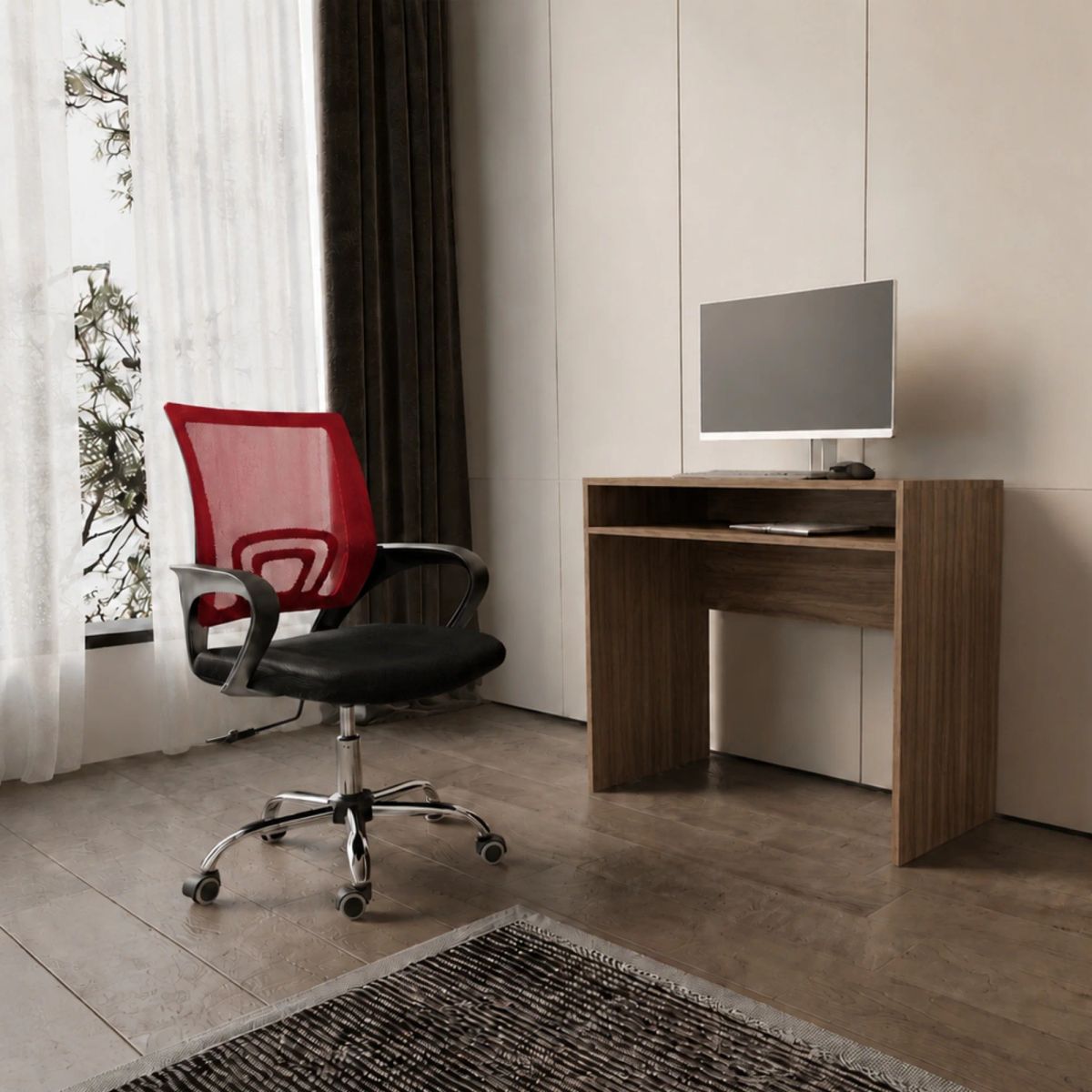ARTHOME - Combo Oficina New York 1 Escritorio Avellana + Silla Ergonomica Negra y Roja
