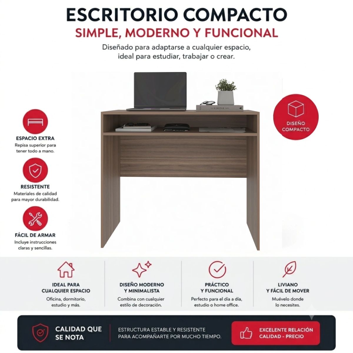 ARTHOME - Combo Oficina New York 1 Escritorio Avellana + Silla Ergonomica Negra y Roja