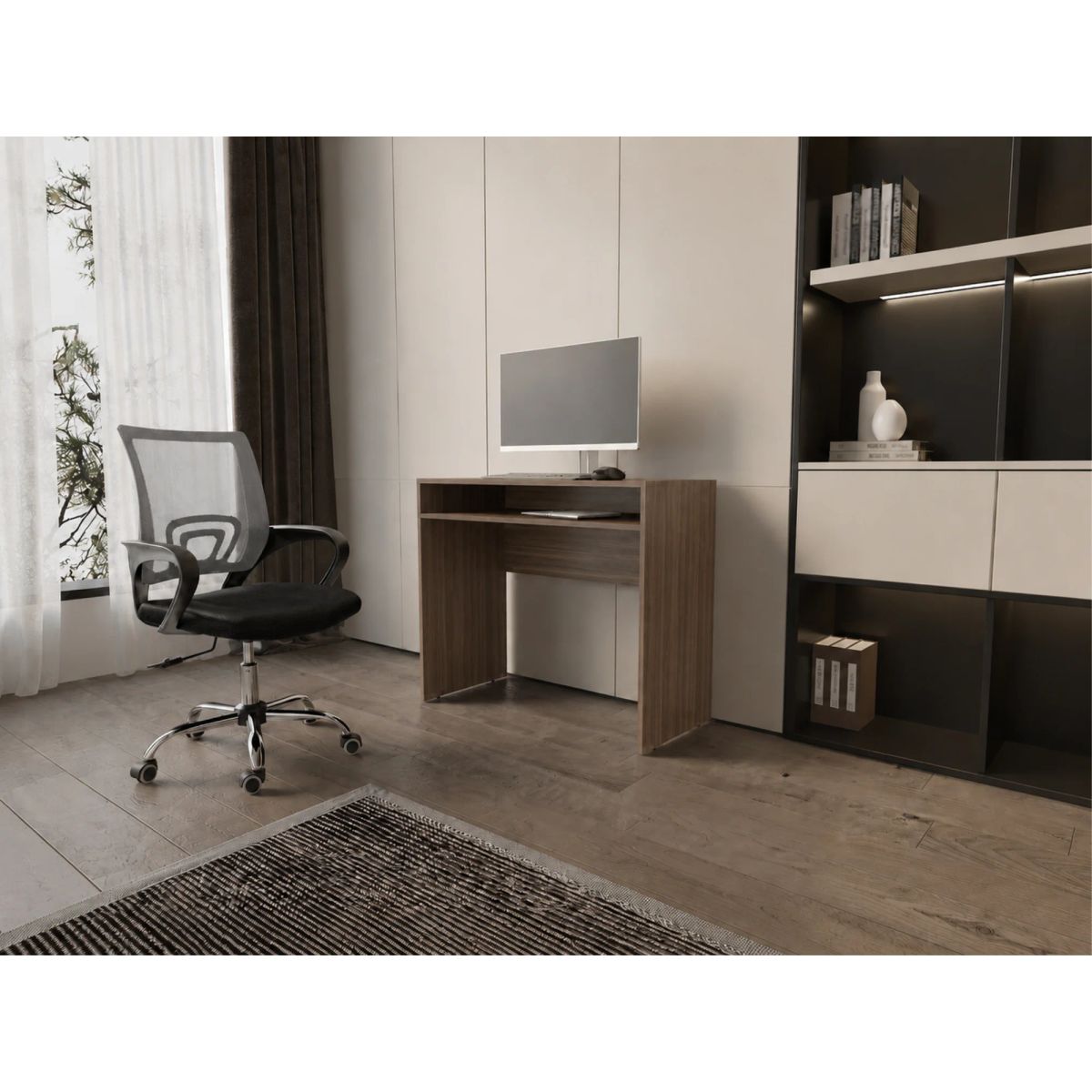 ARTHOME - Combo Oficina New York 1 Escritorio Avellana + Silla Ergonomica Negra y Roja