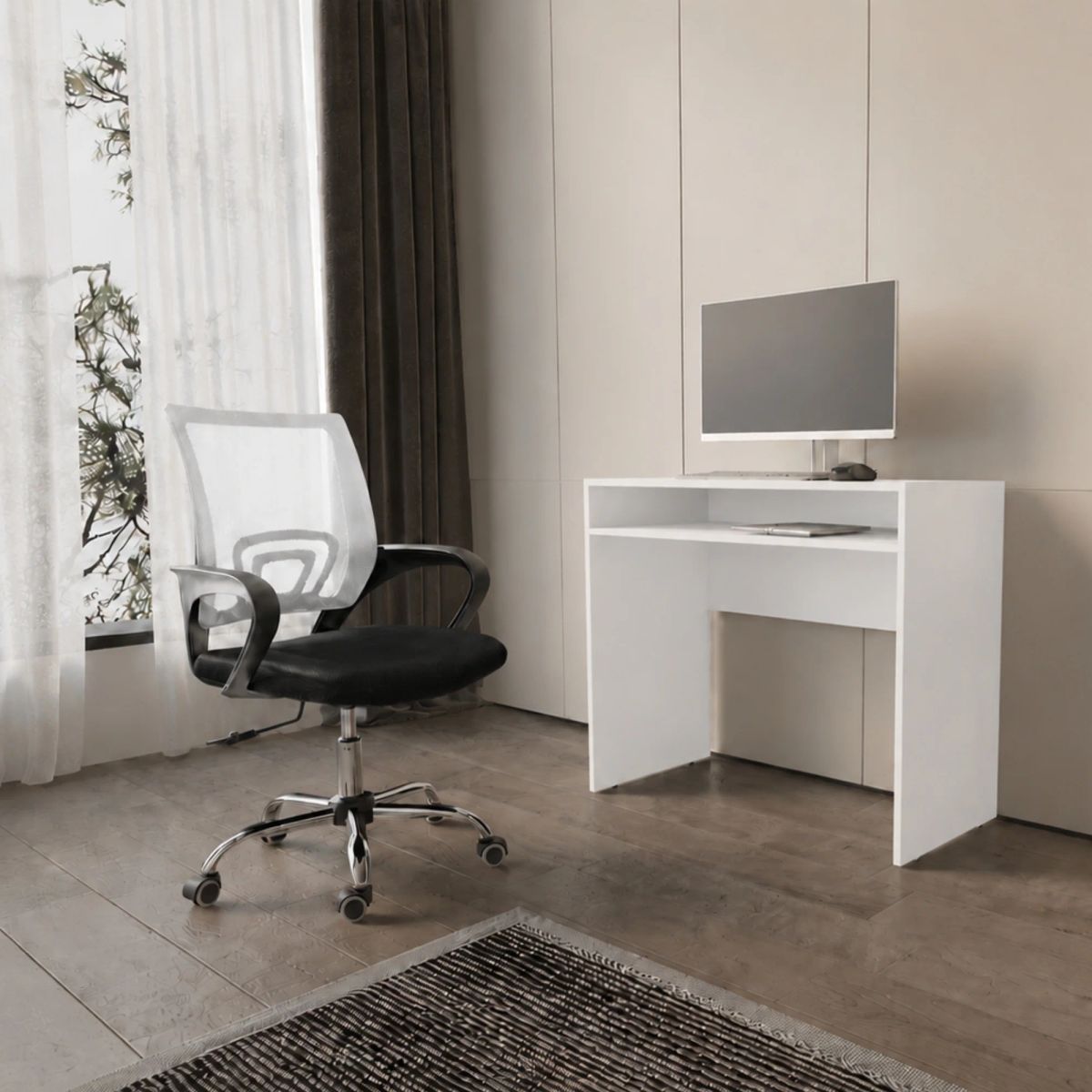 ARTHOME - Combo Oficina New York 1 Escritorio Blanco + Silla Ergonomica Negra y Roja