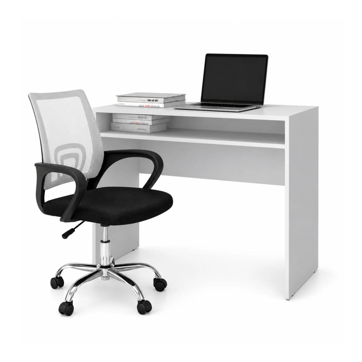 ARTHOME - Combo Oficina New York 1 Escritorio Blanco + Silla Ergonomica Negra y Roja