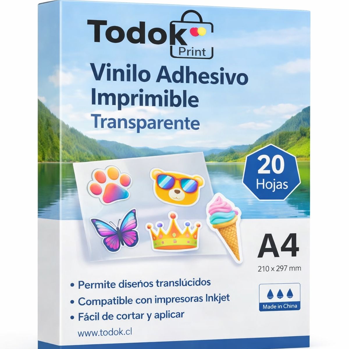 TODOK - Papel Vinilo Adhesivo Transparente Imprimible A4 20 Hjs