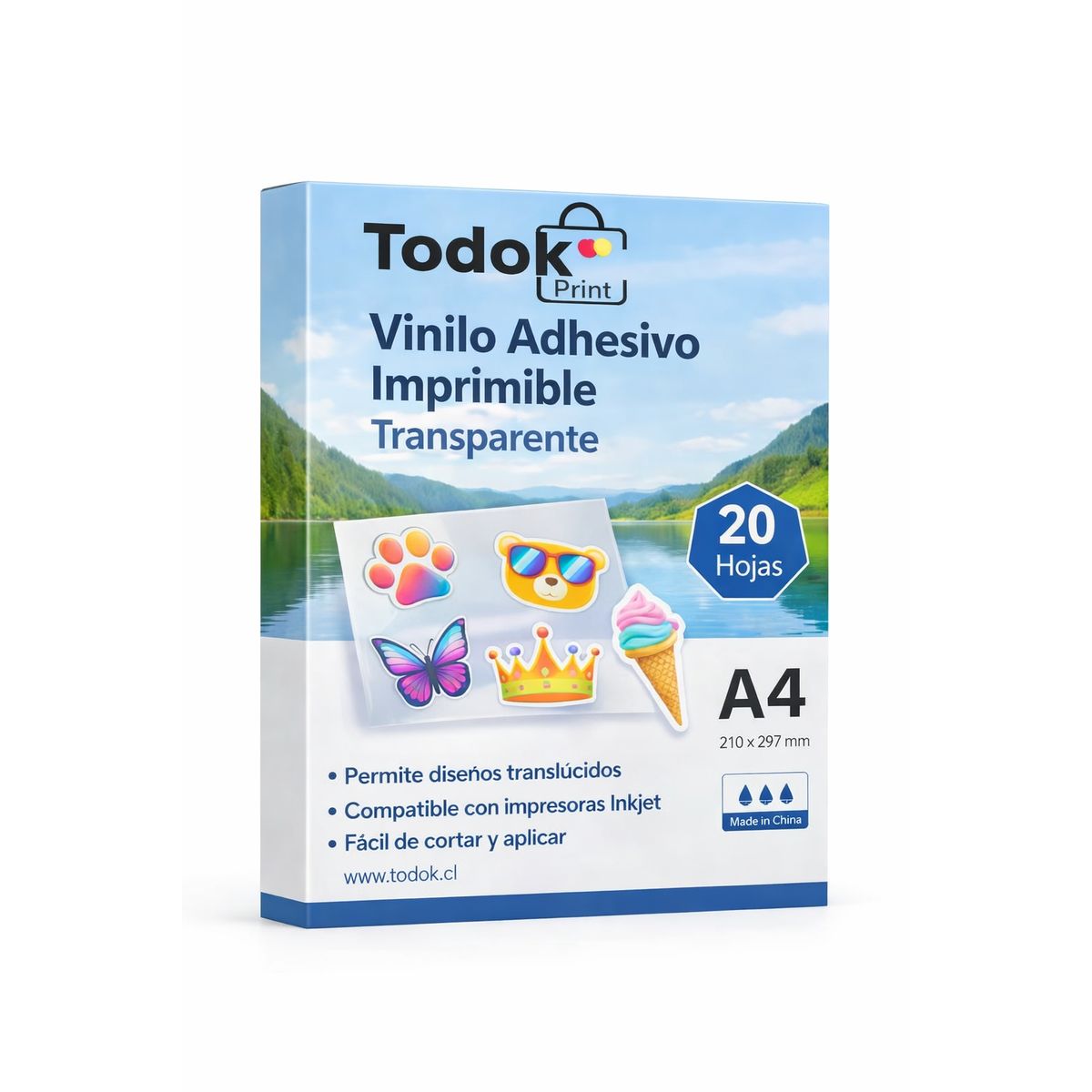 TODOK - Papel Vinilo Adhesivo Transparente Imprimible A4 20 Hjs