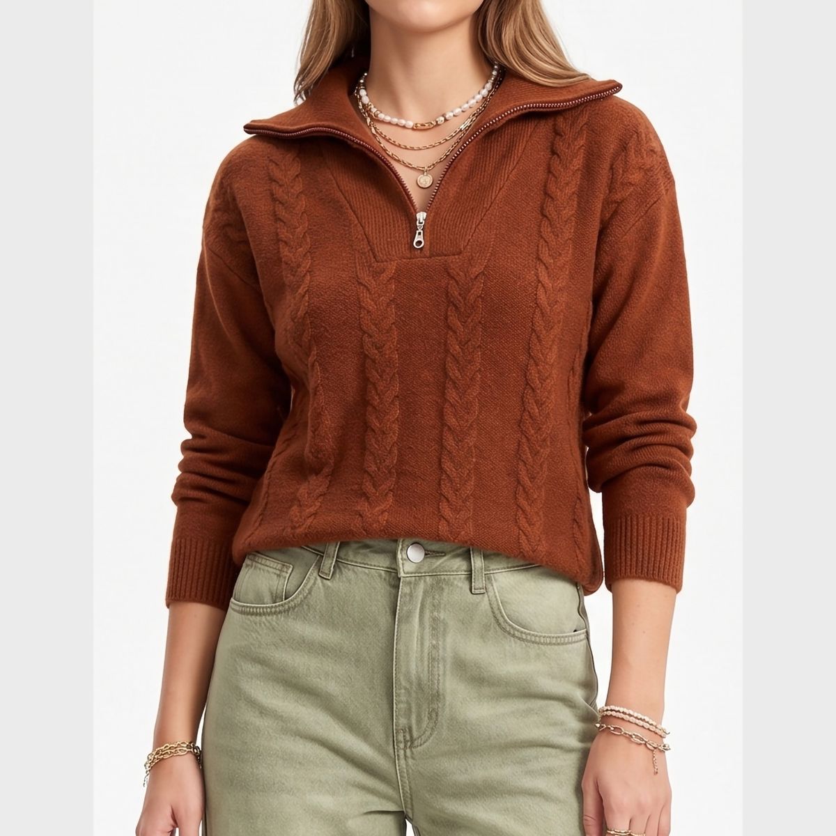 HIPSY SWIMWEAR - Sweater Mujer Con Medio Cierre Y Trenzas Colores