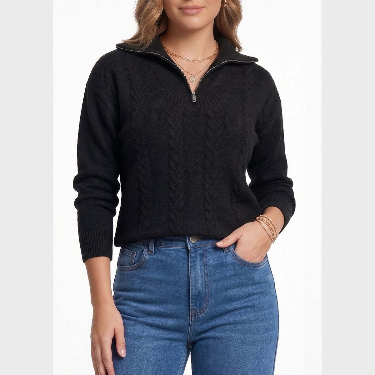 HIPSY SWIMWEAR - Sweater Mujer Con Medio Cierre Y Trenzas Colores