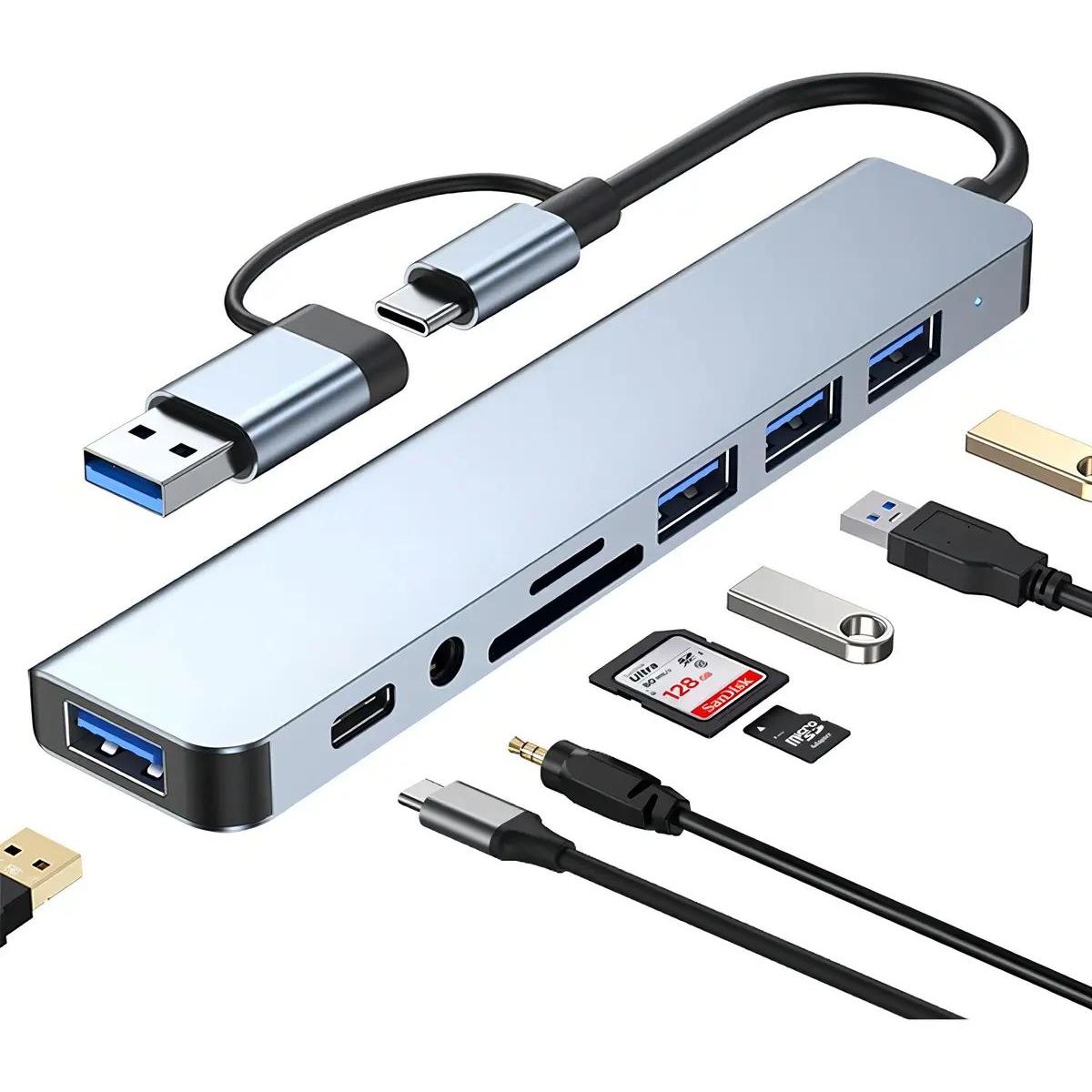 GENERICO - Hub USB C 8 Puertos Alta Velocidad 3.0