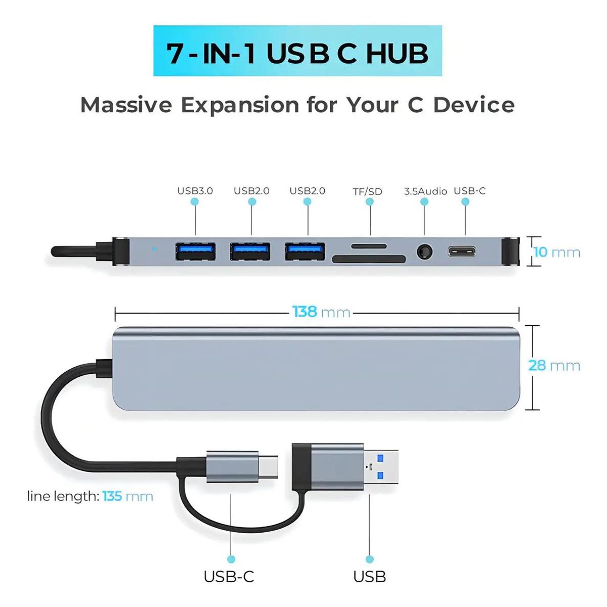GENERICO - Hub USB C 8 Puertos Alta Velocidad 3.0