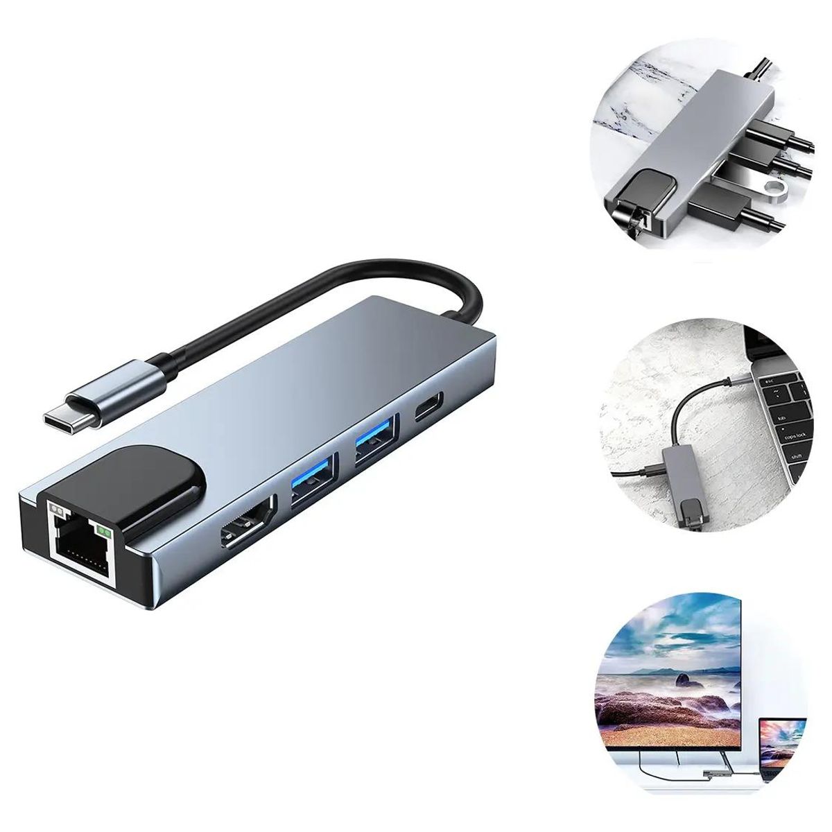GENERICO - Adaptador Hub 5 en 1 con RJ45 1000Mbps, HDMI 4K, USB-C y