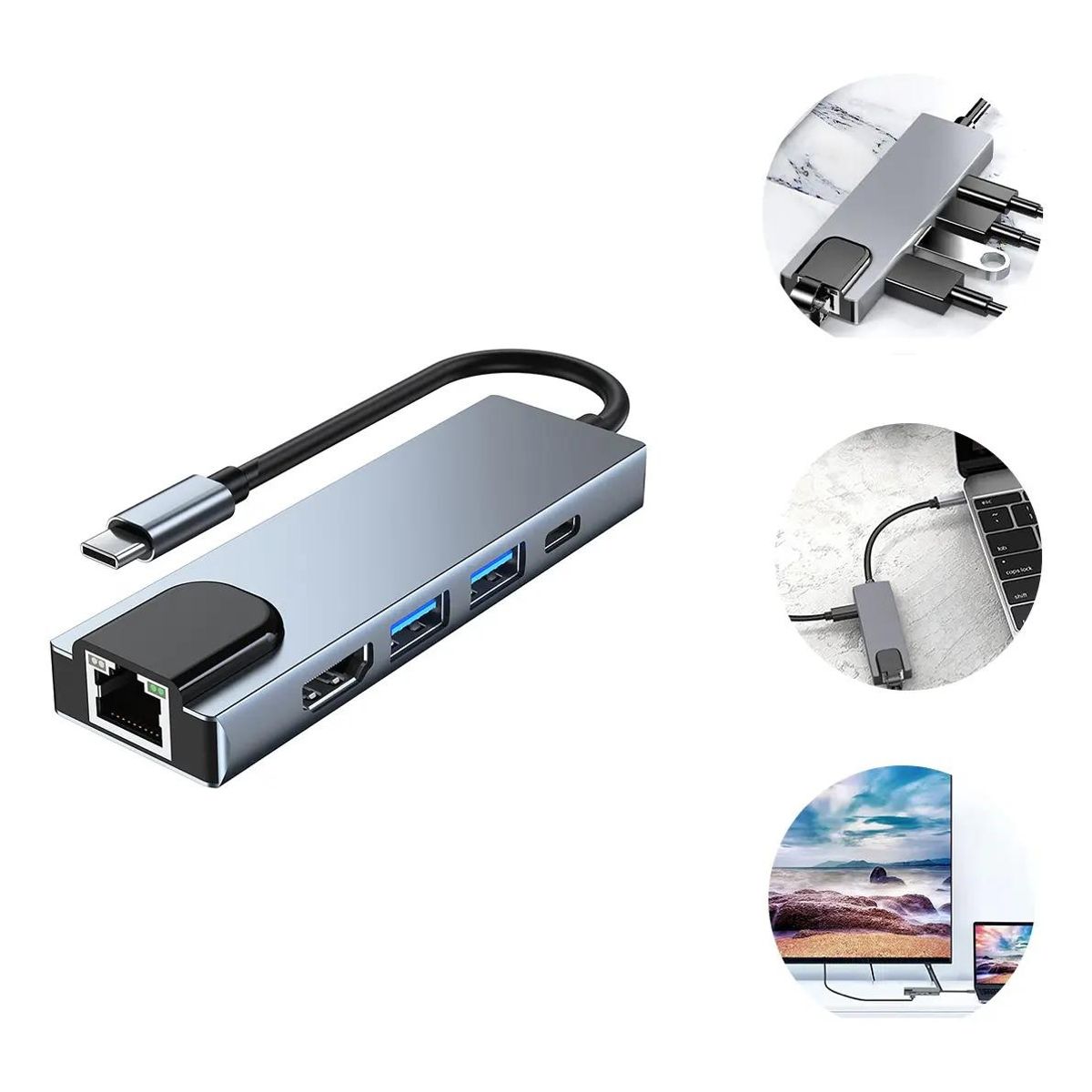GENERICO - Adaptador Hub 5 en 1 con RJ45 1000Mbps, HDMI 4K, USB-C y