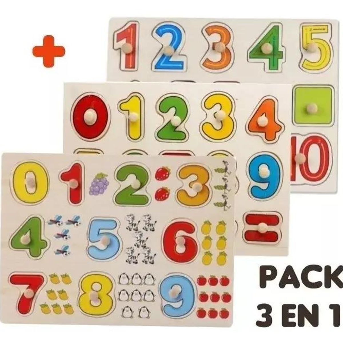 GENERICO - Pack 3 Puzzles de Madera con Números Didácticos