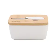 SIMPLIT - Mantequillero de Cerámica Tapa Bamboo+Cuchillo 600ml - Blanco