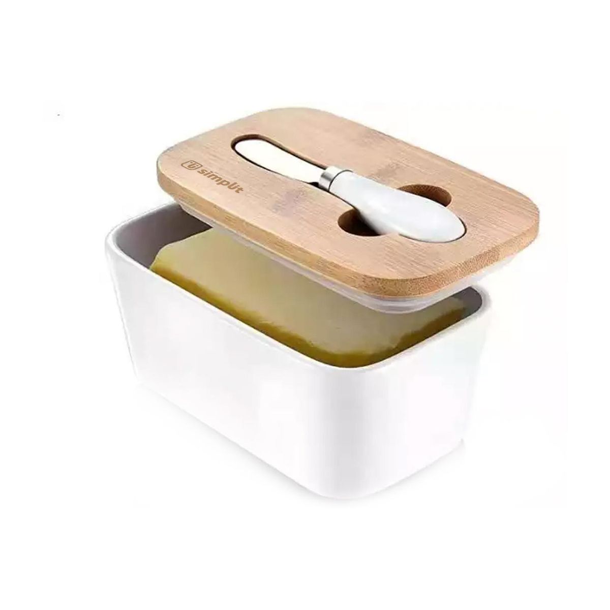 SIMPLIT - Mantequillero Tapa Bamboo + Cuchillo 600 ml Simplit - Blanco