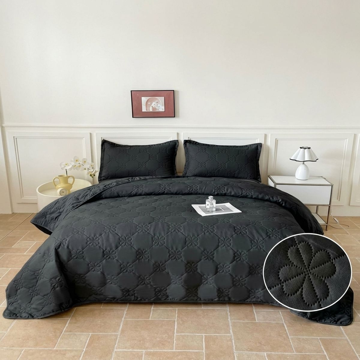 GENERICO - Cubrecama de Verano Liviano Quilt 2 Plazas con Diseño Negro