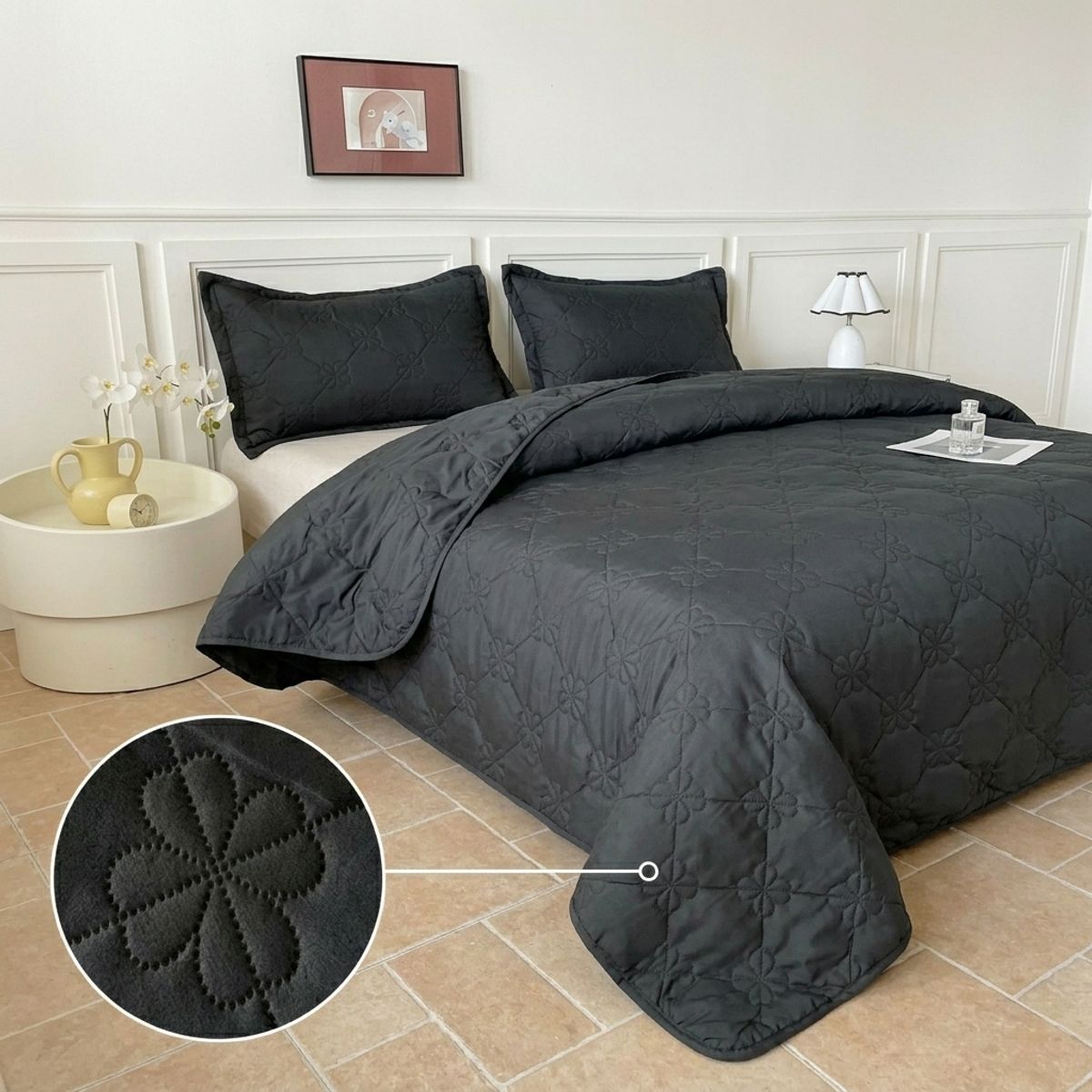 GENERICO - Cubrecama de Verano Liviano Quilt 2 Plazas con Diseño Negro