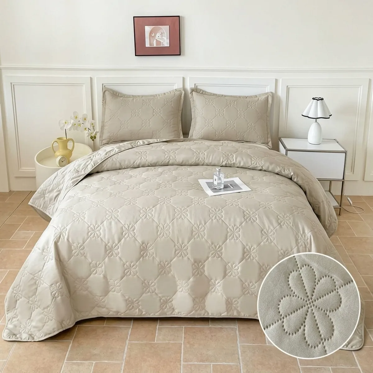 GENERICO - Cubrecama de Verano Liviano Quilt 1.5 Plazas con Diseño Beige