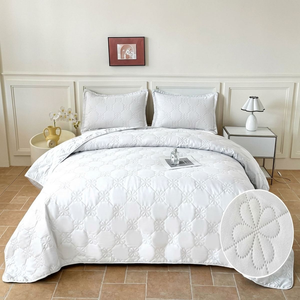 GENERICO - Cubrecama de Verano Liviano Quilt 1.5 Plazas con Diseño Blanco