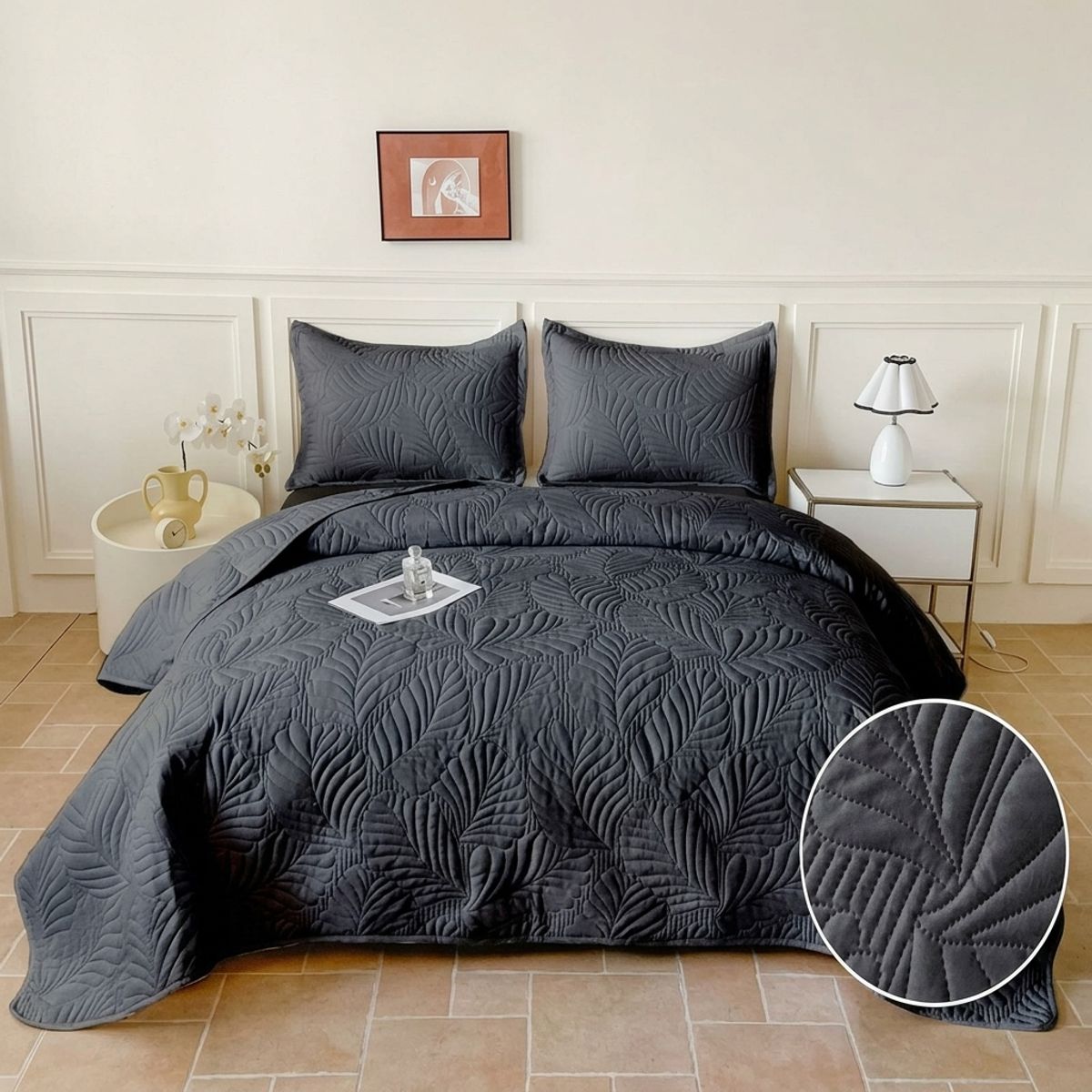GENERICO - Cubrecama de Verano Liviano Quilt 2 Plazas con Diseño Negro