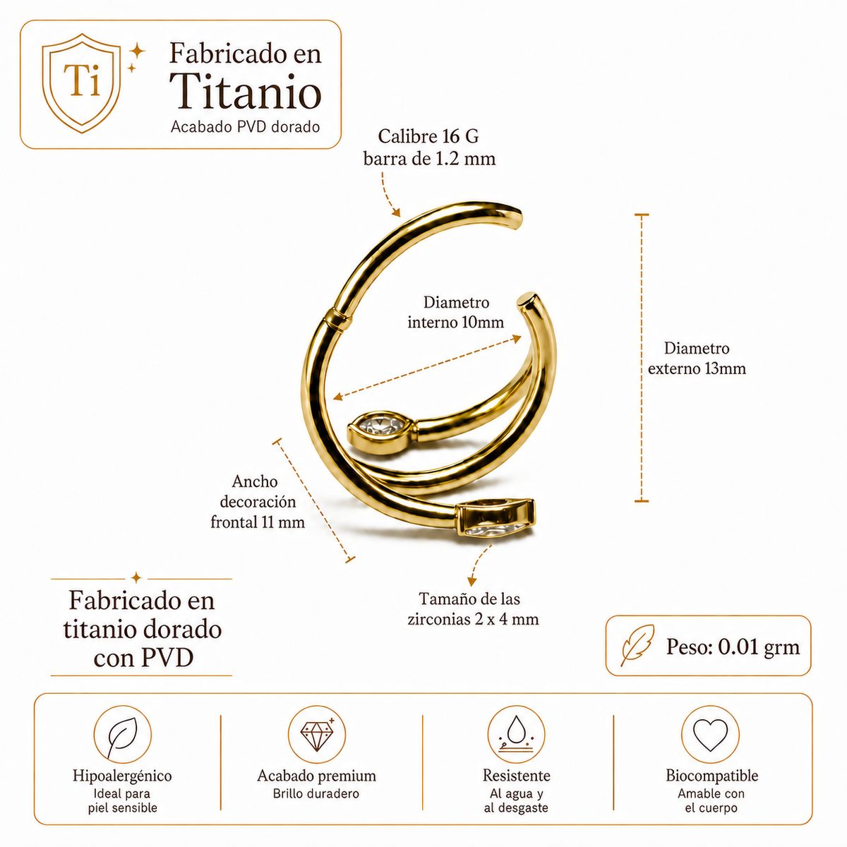 ELBAULDEJUMA - Piercing argolla Eva zirconias titanium astm 136 dorado PVD