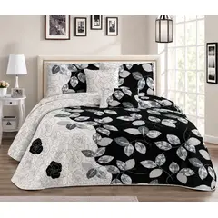 GENERICO - Cobertor de Verano Quilt - Cubrecamas Tamaño King Color Blanco y Negro con Diseño de Flores y Hojas