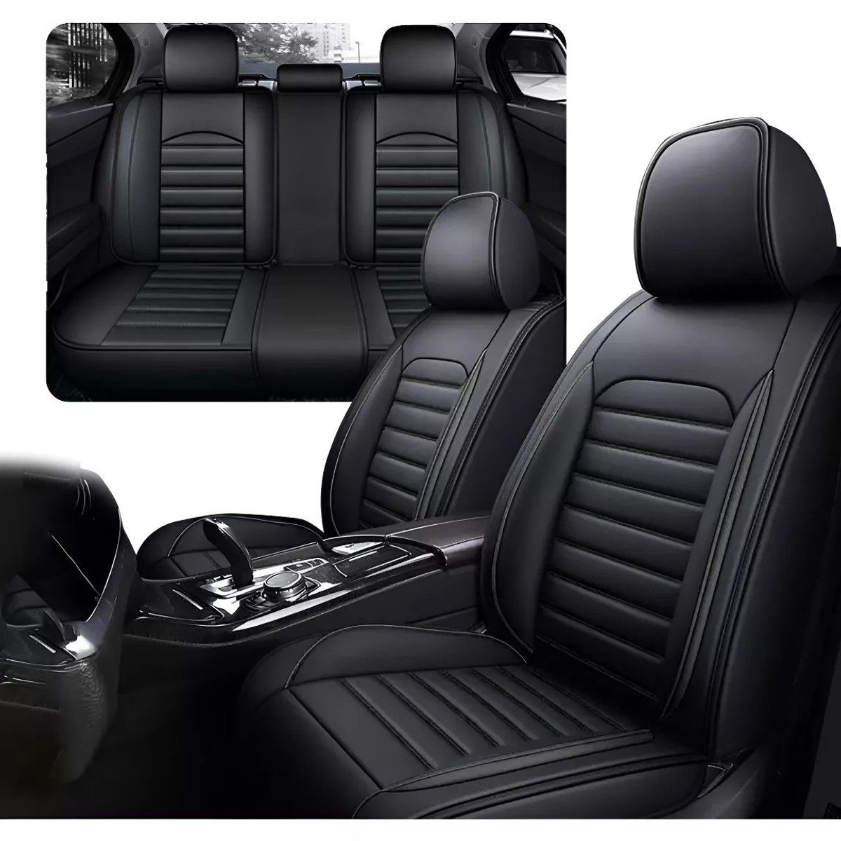 GENERICO - Funda Cubre Asiento Ecocuero Set 5 Asientos Color Negro