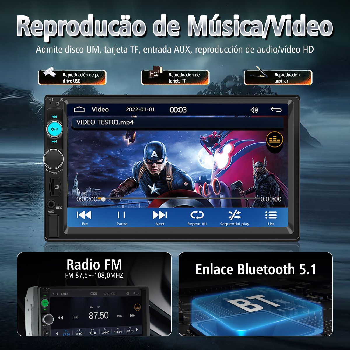 GENERICO - Central Multimídia Universal 2 Din Carplay Android Auto Mp5