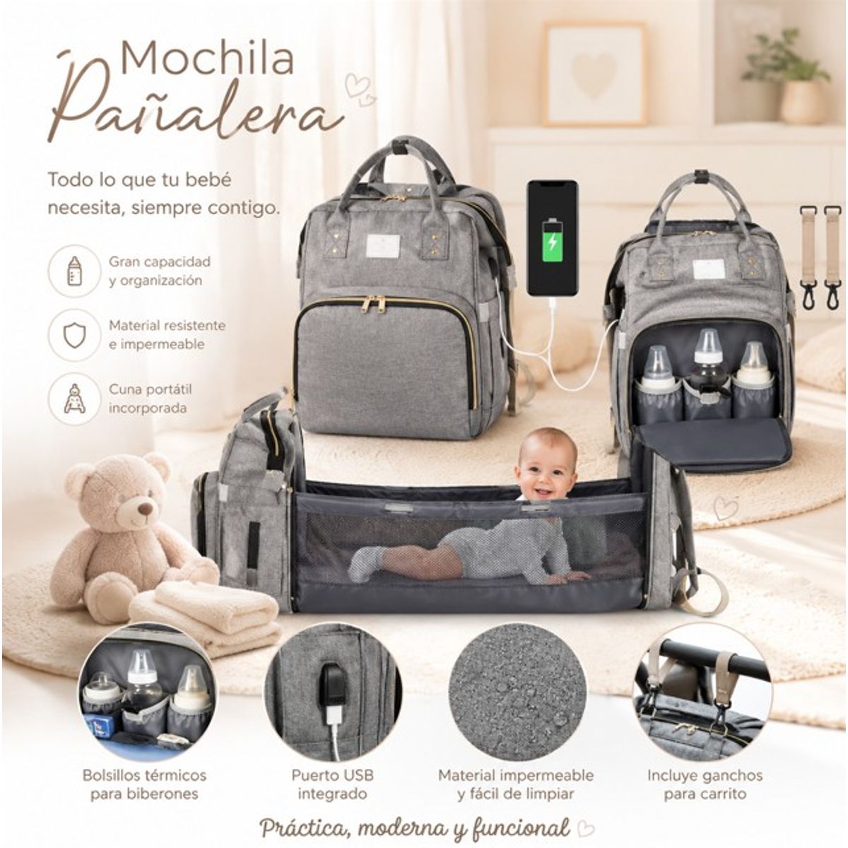 MOVI - MOCHILA PAÑALERA Y MUDADORA DE BEBE 3 en 1