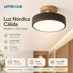 UMEXUS - Lámpara de techo de madera estilo nórdico, 18cm,LED, 3 cambios de color