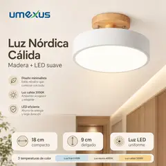 UMEXUS - Lámpara de techo de madera estilo nórdico, 18cm,LED, 3 cambios de color