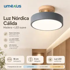 UMEXUS - Lámpara de techo de madera estilo nórdico, 18cm,LED, 3 cambios de color