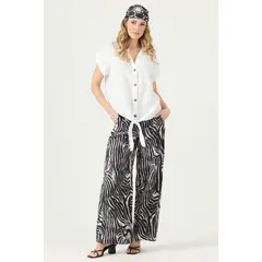 PRIVILEGE - Pantalon De Lino Straight Animal Print Negro Cod 2013285