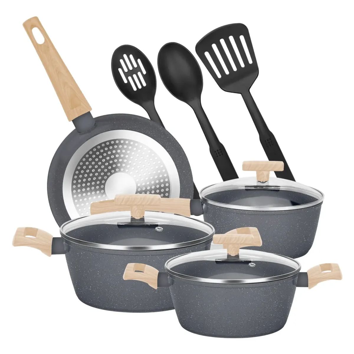 GENERICO - Juego Bateria Cocina Granito Antiadherente Olla Sarten 10pcs