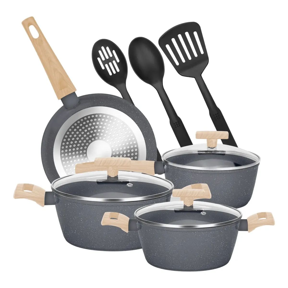 GENERICO - Juego Bateria Cocina Granito Antiadherente Olla Sarten 10pcs