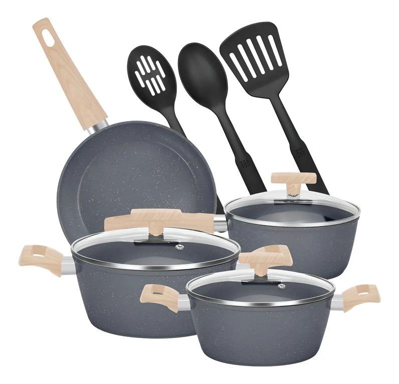 GENERICO Bateria De Cocina 10 Piezas Antiadherente Aluminio Granito Menaje Color Gris