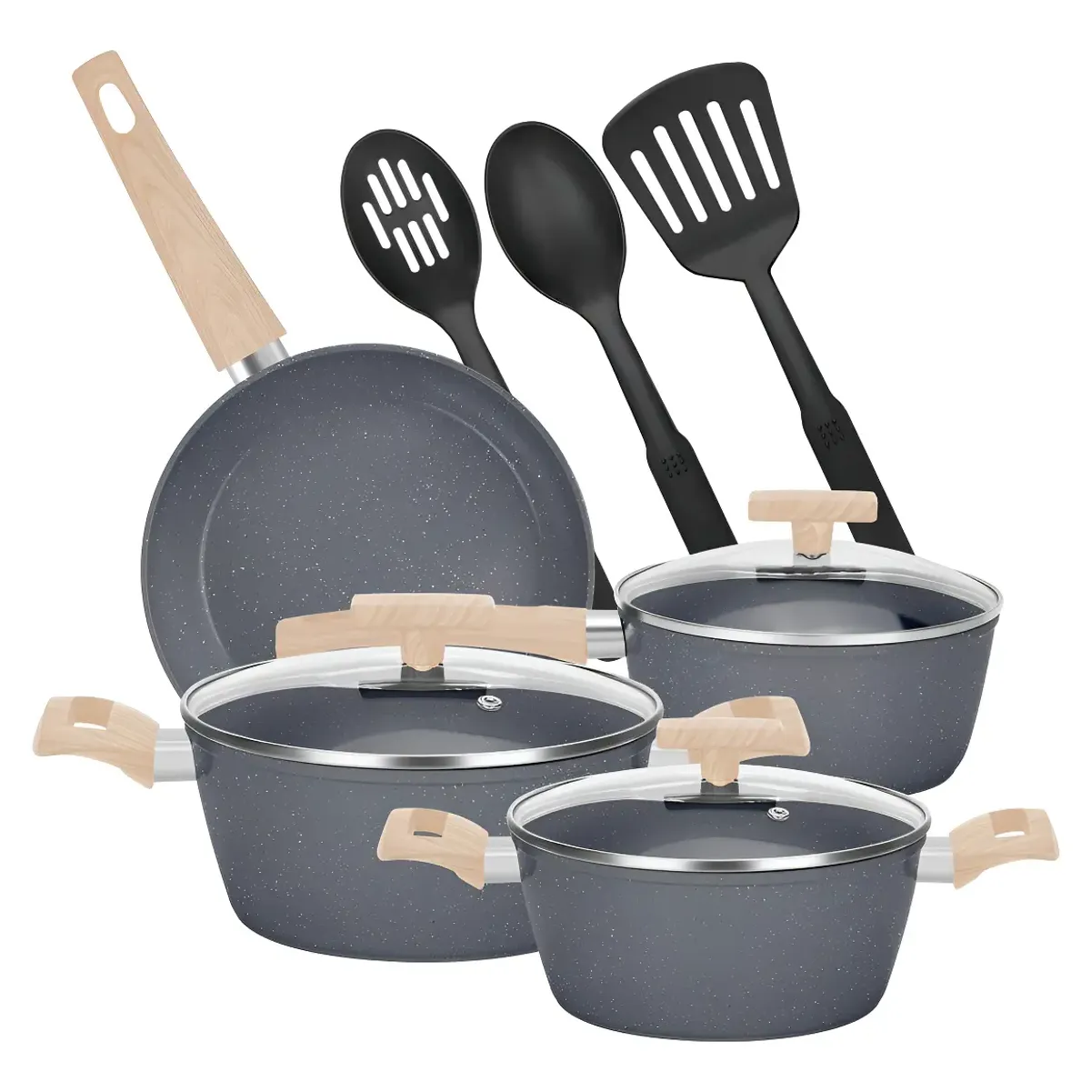 GENERICO - Bateria De Cocina 10 Piezas Antiadherente Aluminio Granito Menaje Color Gris