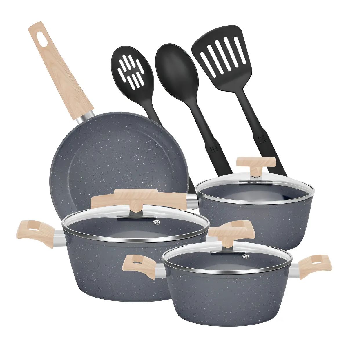GENERICO - Bateria De Cocina 10 Piezas Antiadherente Aluminio Granito Menaje Color Gris