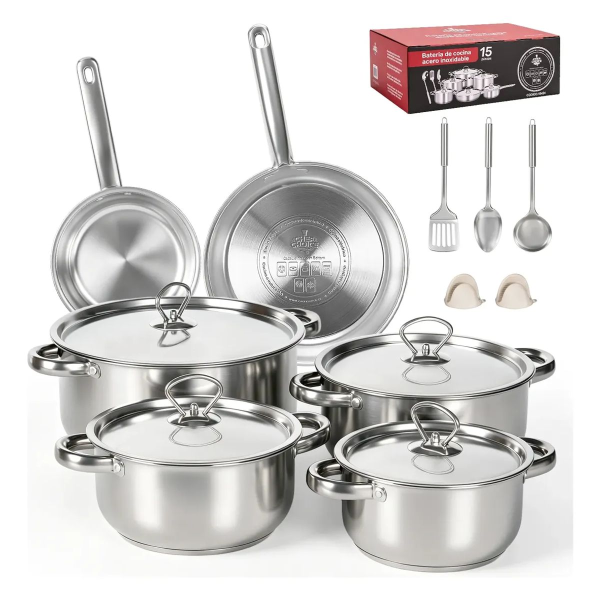 GENERICO - Bateria Cocina Cacerolas 15 Piezas Juego De Ollas Acero Inox