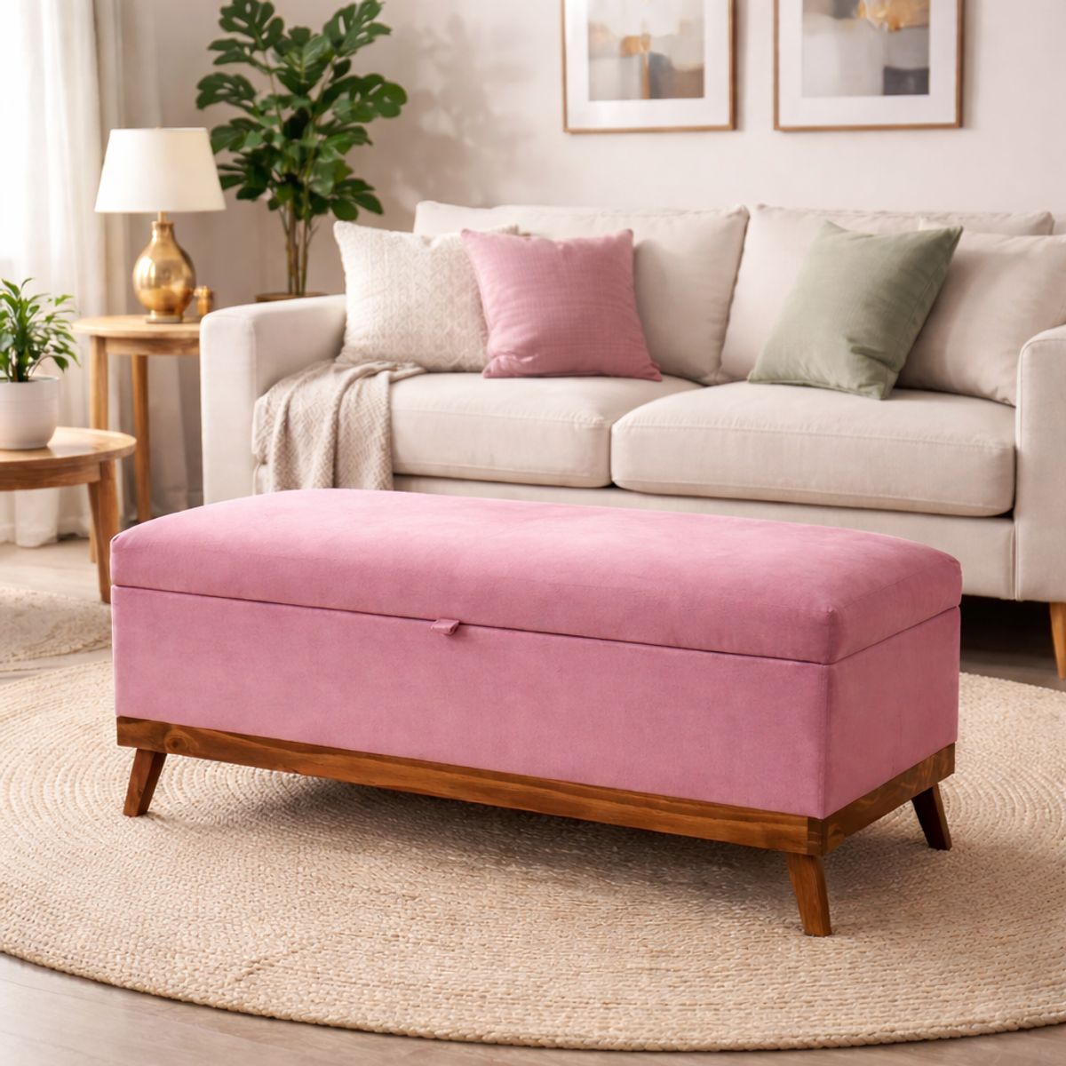 GENERICO - Banqueta con Baúl Incy Palo Rosa Felpa MaxiCosas120x40x50 cm Tapizada con Almacenaje