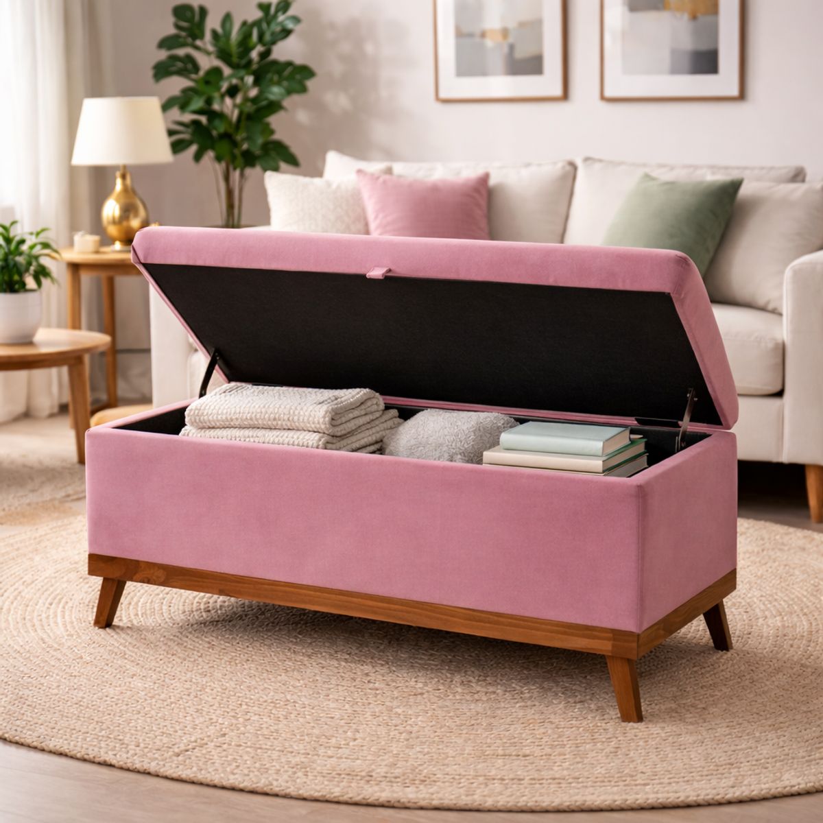 GENERICO - Banqueta con Baúl Incy Palo Rosa Felpa MaxiCosas120x40x50 cm Tapizada con Almacenaje