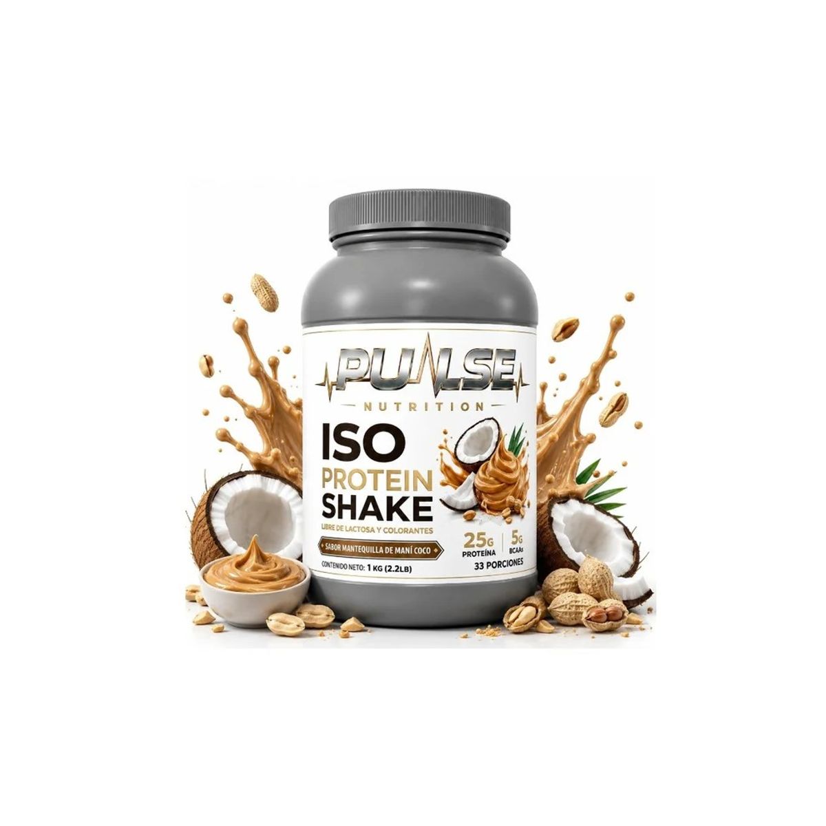 PULSE - PROTEINA ISO SHAKE 2.2LB 33 SERVICIOS MANTEQUILLA DE MANI COCO- PULSE NUTRITION