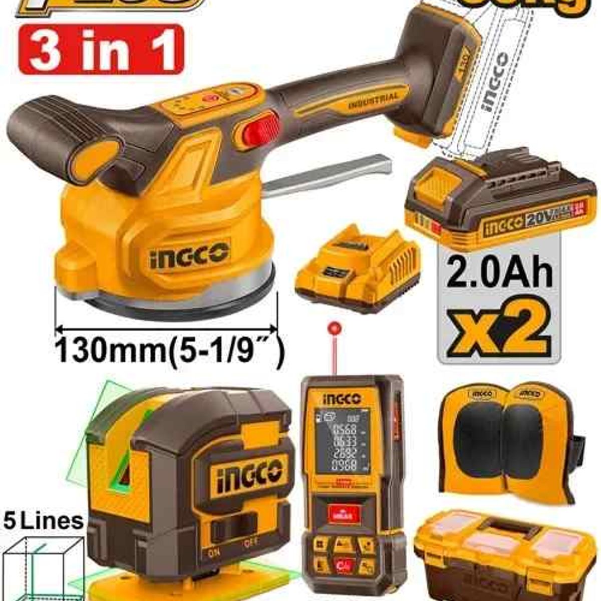 INGCO - Kit ventosa Vibradora - Nivel laser -  Medidor Laser 100 Metros - 2 Baterías 2.0Ah