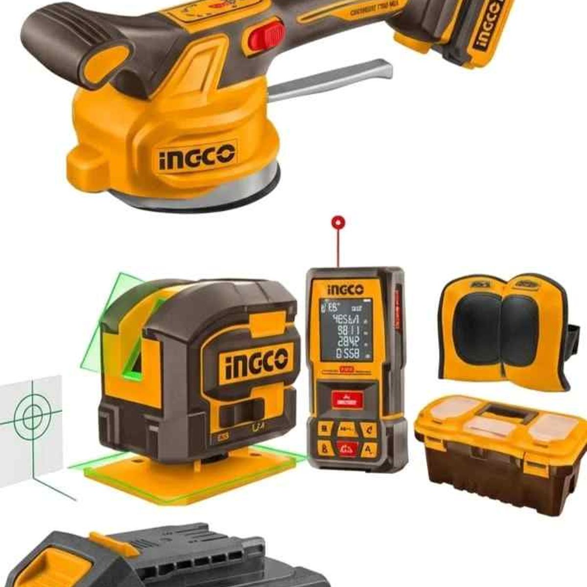 INGCO - Kit ventosa Vibradora - Nivel laser -  Medidor Laser 100 Metros - 2 Baterías 2.0Ah