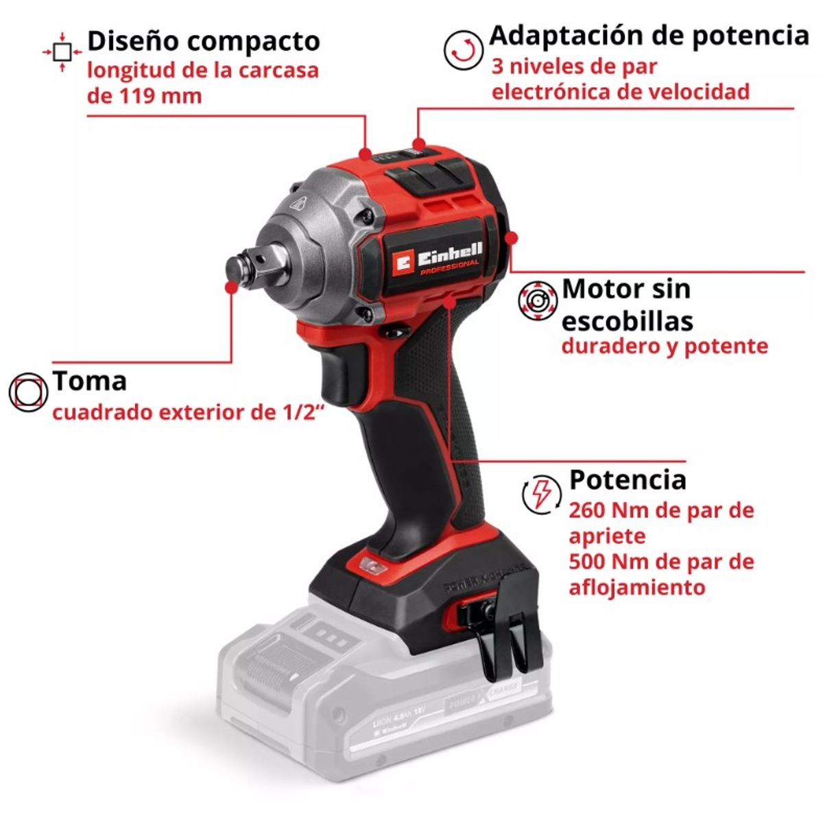 EINHELL - LLAVE DE IMPACTO INALÁMBRICA 18V - 2800 RPM - 260 NM - BRUSHLESS - COMPACTO