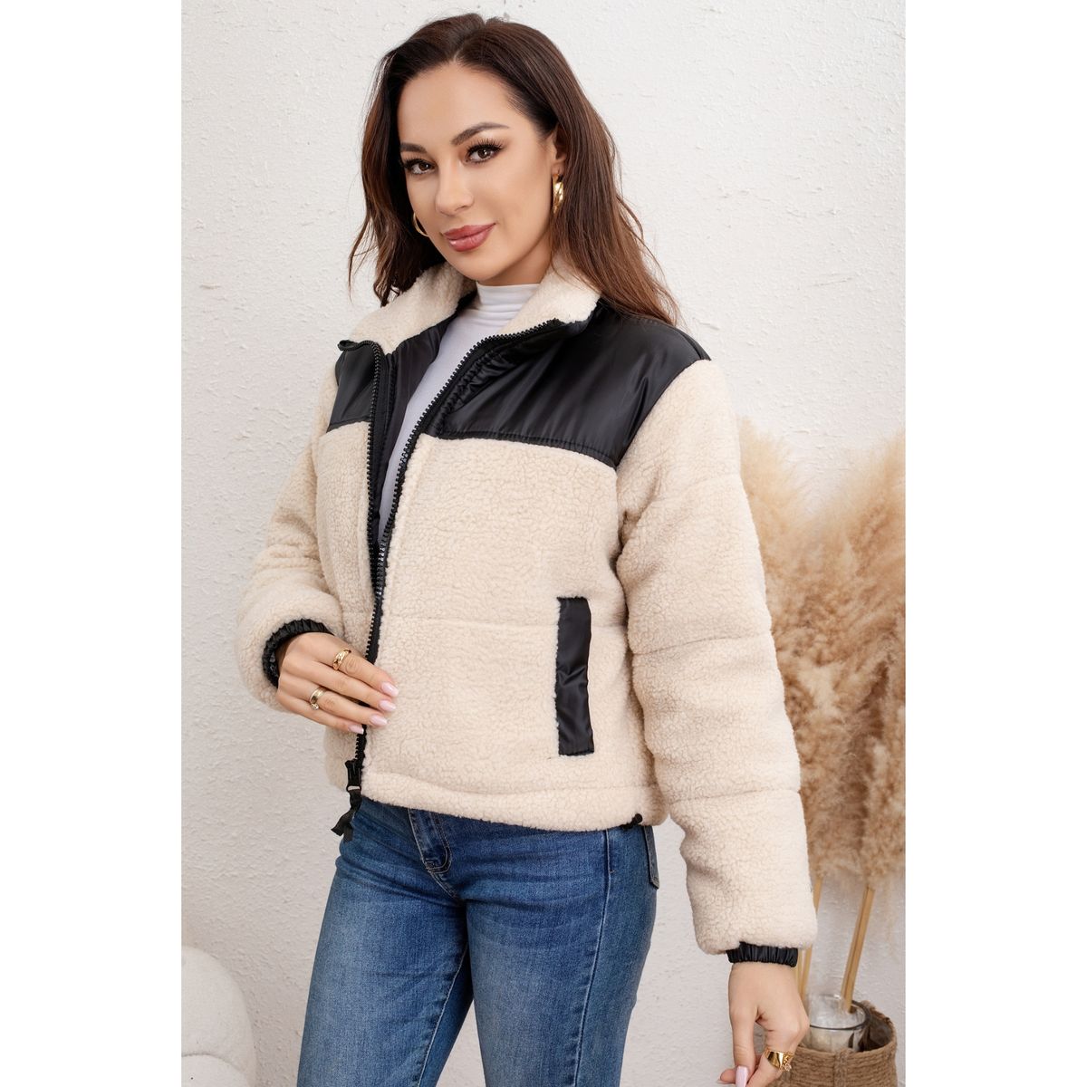 LIKE SHOP - Chaqueta Teddy Mujer Tipo Corderito Gruesa Bolsillos Bi Color 0029