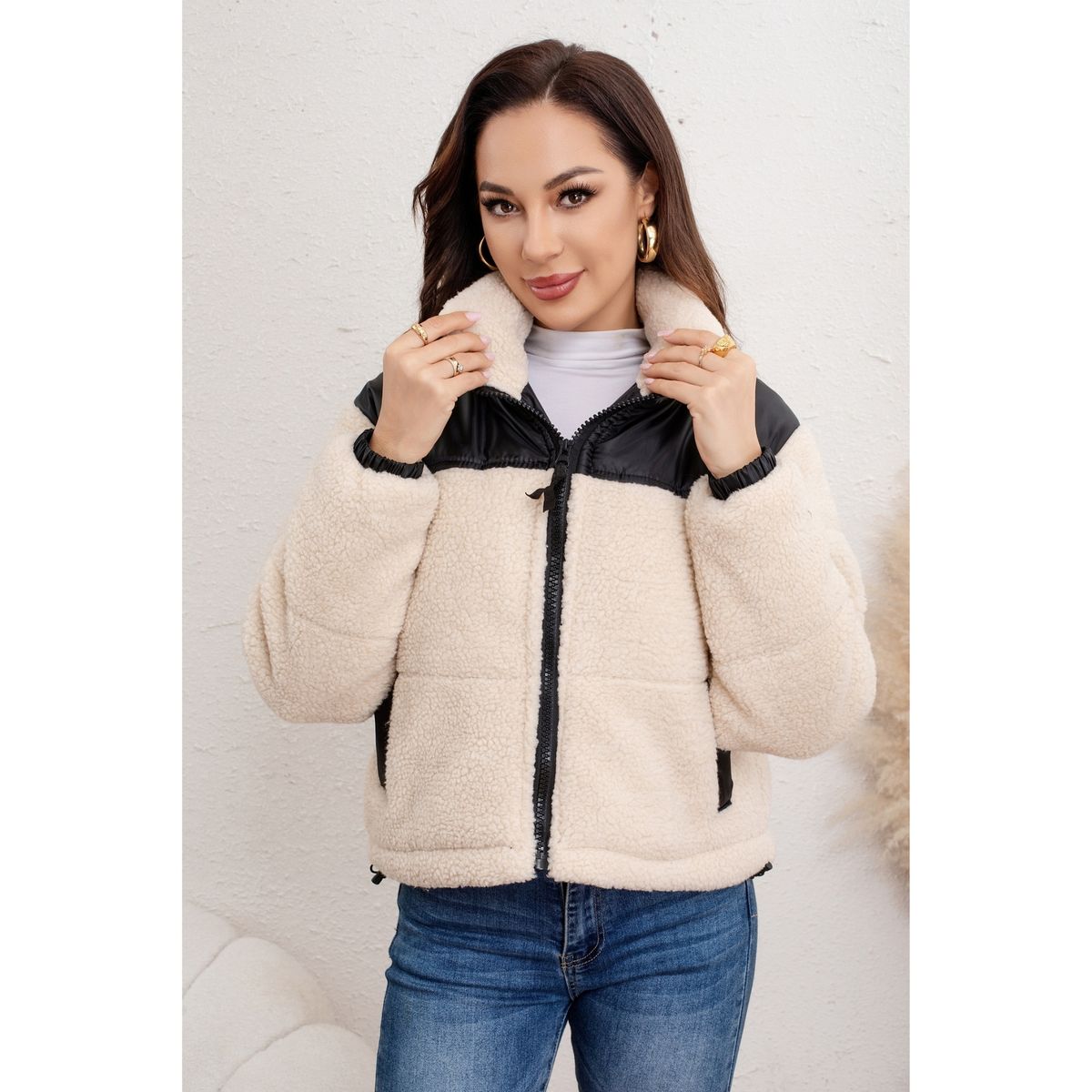 LIKE SHOP - Chaqueta Teddy Mujer Tipo Corderito Gruesa Bolsillos Bi Color 0029